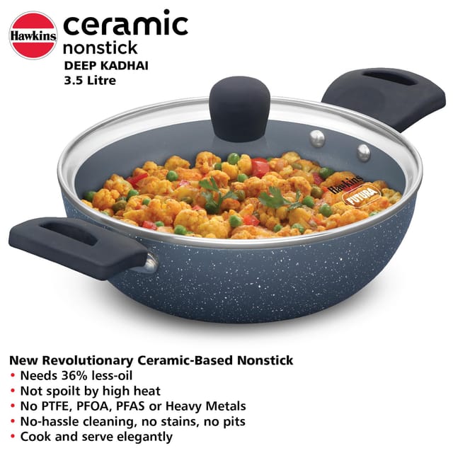 Hawkins Ceramic Nonstick 3.5 litre Deep Kadhai, Induction Deep Fry Pan with Glass Lid, Granite Kadai (ICK35G)