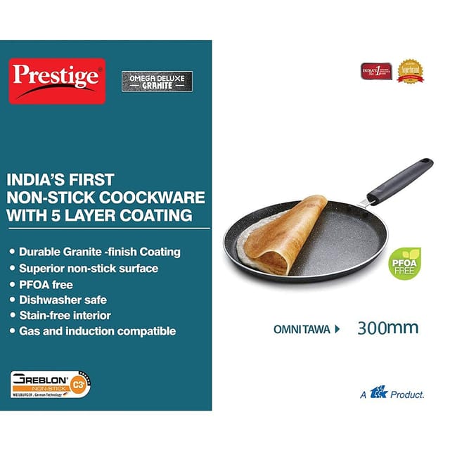 Prestige Omega Deluxe Granite Dosa Tawa | Black | 30cm | Non-Stick | Induction Base | Dishwasher Safe | 2-Layer Metallic Finish | Metal Spoon Friendly