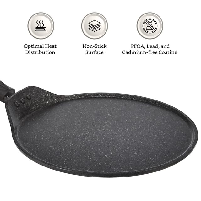 Amazon Brand - Solimo Aluminium Die Cast Tawa - 31 cms | 5 mm Thickness | Roti and Chapati Tawa with Bakelite Handle | PFOA, Lead, Cadmium and Toxin Free | Gas Stove Friendly (Black)