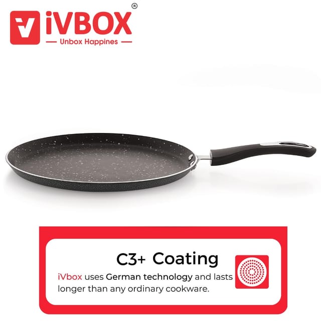 ivbox Omega-Pro Granite Dosa Tawa 3mm-Thick Non Stick (Induction and Gas Stove Compatible), 280 mm, Aluminium, Black