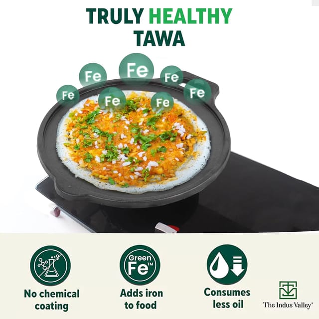 The Indus Valley Super Smooth Cast Iron Tawa with Free Wooden Spatula for Dosa/Chapathi | 27.6cm/10.8 inch, 2.8kg | Induction Friendly | Naturally Nonstick, 100% Pure & Toxin-Free