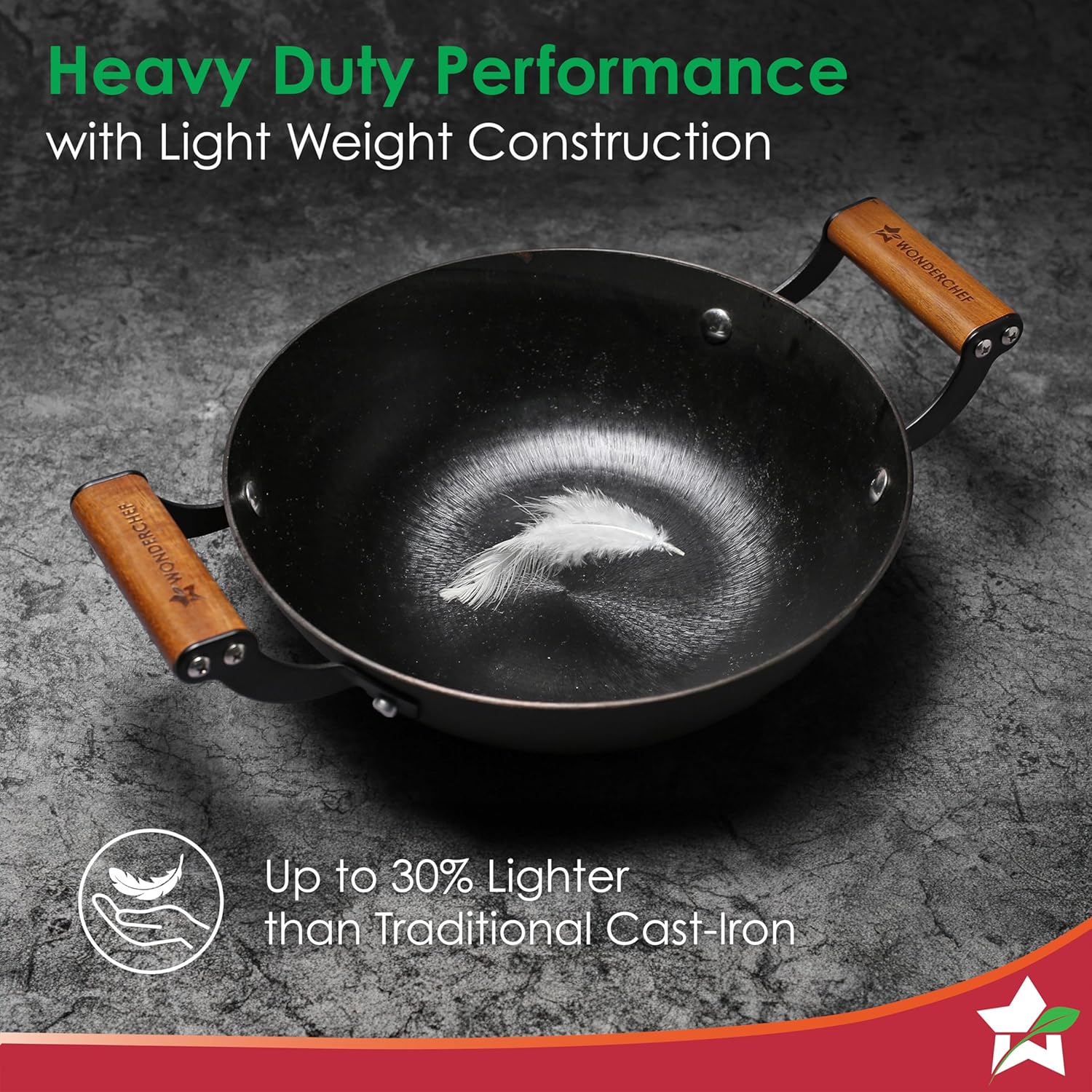 Wonderchef Pre-Seasoned Ferro Light 28cm Kadhai | 3.2L | Acacia Wooden Handles | Gravity Moulding Technology | No Chemical Coating |10 Year Warranty