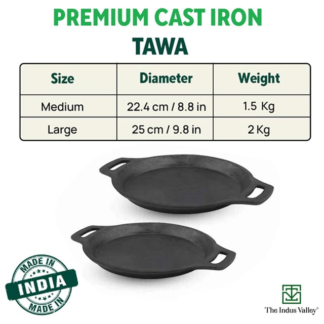 The Indus Valley Preseasoned Cast Iron Fish Fry Pan With Double Handle| Medium 22.4Cm/ 8.8Inch, 1.5Kg | Induction Friendly | Nonstick Fish Fry Pan, 100% Pure & Toxin Free, No Chemical Coating, Black