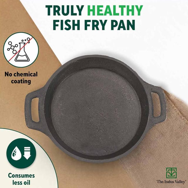 The Indus Valley Preseasoned Cast Iron Fish Fry Pan With Double Handle| Medium 22.4Cm/ 8.8Inch, 1.5Kg | Induction Friendly | Nonstick Fish Fry Pan, 100% Pure & Toxin Free, No Chemical Coating, Black