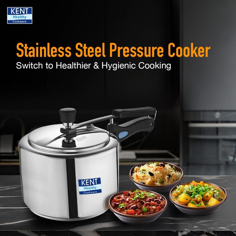 KENT Stainless Steel 2 Litre Pressure Cooker with SS Inner Lid | 4.66mm Heavy Encapsulated Bottom | Injection Moduled Handles For Durability | Lead Free Safety Valve | Suitable For Induction Cooktop