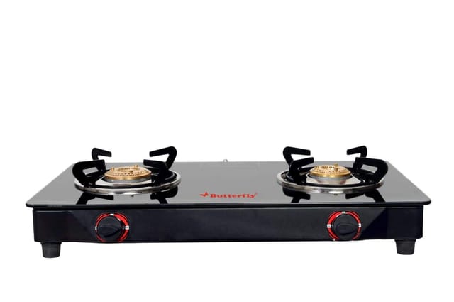 Butterfly Smart 2 Burner Glass Top Gas Stove | Manual Ignition | Scratch Resistant Toughened Glass | Brass Burners | Skid-proof Legs | 1 Year Manufacturer's Warranty | Black