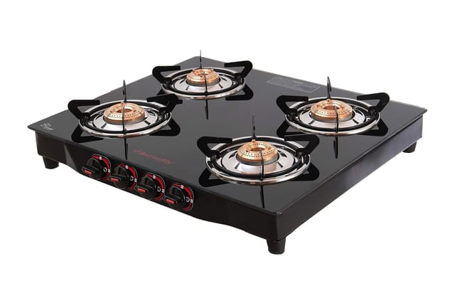 Butterfly Smart 4 Burner Glass Top Gas Stove | Manual Ignition | Scratch Resistant Toughened Glass | Brass Burners | Skid-proof Legs | 1 Year Manufacturer's Warranty | Black