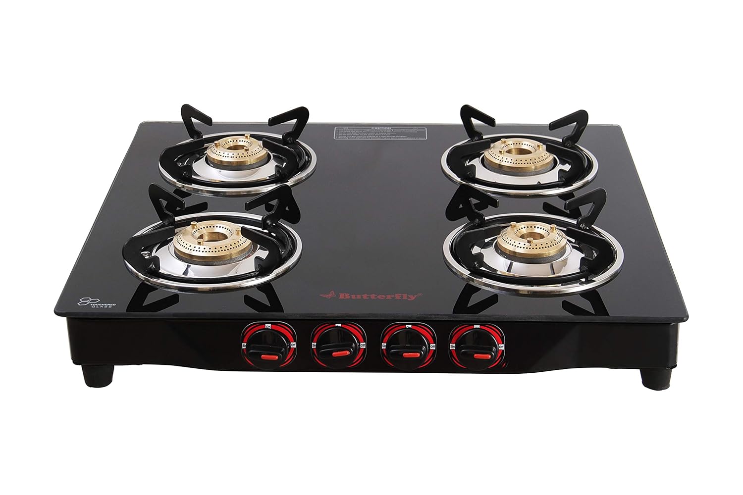 Butterfly Smart 4 Burner Glass Top Gas Stove | Manual Ignition | Scratch Resistant Toughened Glass | Brass Burners | Skid-proof Legs | 1 Year Manufacturer's Warranty | Black