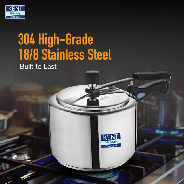 KENT Stainless Steel 2 Litre Pressure Cooker with SS Inner Lid | 4.66mm Heavy Encapsulated Bottom | Injection Moduled Handles For Durability | Lead Free Safety Valve | Suitable For Induction Cooktop