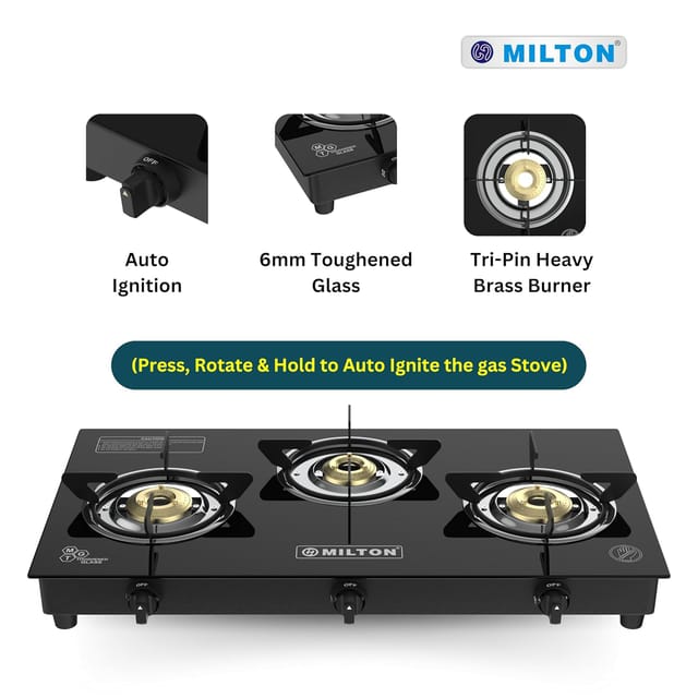 Milton Premium Pro 3 Burners Auto Ignition Gas Stove | ISI Certified | 6mm Toughened Glass Top | 360 Degree Nozzle | Heavy Duty Pan Support | Pure Brass Burners | 1 Year Manufacturer's Warranty -Black