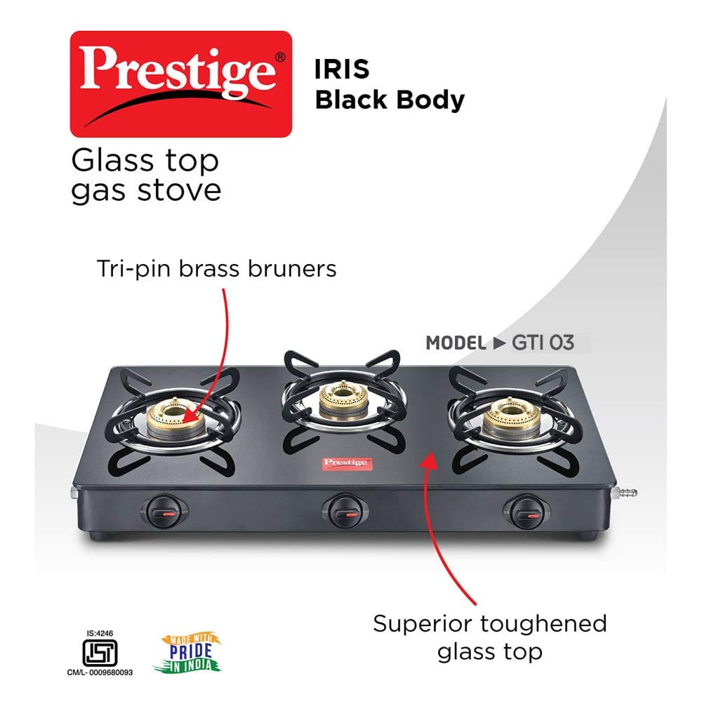 Prestige IRIS Toughened Glass-Top 3 Brass Burner LPG Gas Stove | Black Spill Proof Design | Ergonomic Knob | Tri-Pin Burners |Open