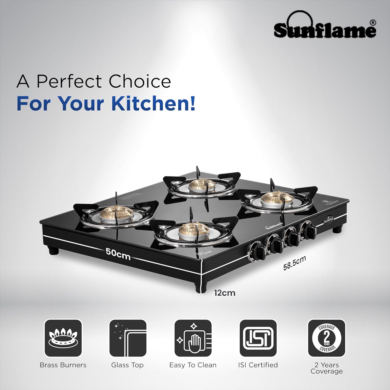 Sunflame Diamond 4 Burner Gas Stove | 2 Medium and 2 Small Brass Burners | 2-Years Product Coverage by Sunflame by Sunflame | Ergonomic Knobs | Toughened Glass Top | Easy to Maintain