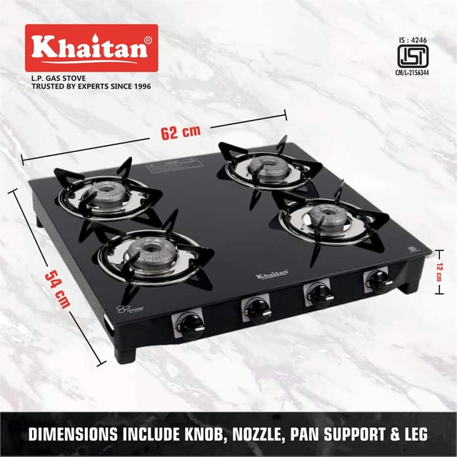 Khaitan 4 Burner Active Forge Black Toughened Glass | LPG Cooktop I Manual Ignition Stove| Ergonomic Knob|with 1 Year Warranty | Pan India Service| LP Gas Stove | ISI Approved (Black) (4 Burner)