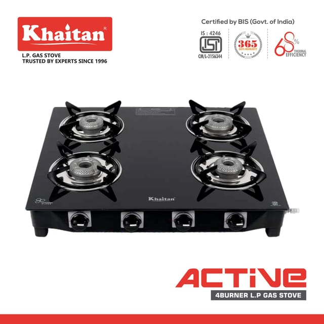 Khaitan 4 Burner Active Forge Black Toughened Glass | LPG Cooktop I Manual Ignition Stove| Ergonomic Knob|with 1 Year Warranty | Pan India Service| LP Gas Stove | ISI Approved (Black) (4 Burner)