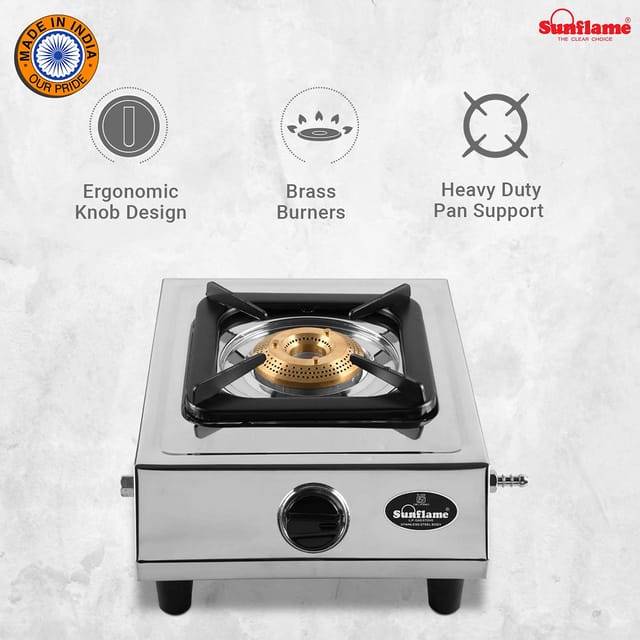 Sunflame Single Burner Stainless Steel Gas Stove | 1 Jumbo Brass Burner | 2-Years Product Coverage | Stainless Steel Body | Heat Resistant Ergonomic Knobs | Heavy Duty Pan Support | PAN India Presence