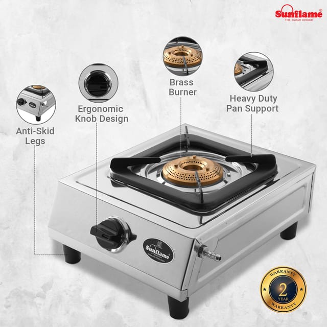 Sunflame Single Burner Stainless Steel Gas Stove | 1 Jumbo Brass Burner | 2-Years Product Coverage | Stainless Steel Body | Heat Resistant Ergonomic Knobs | Heavy Duty Pan Support | PAN India Presence