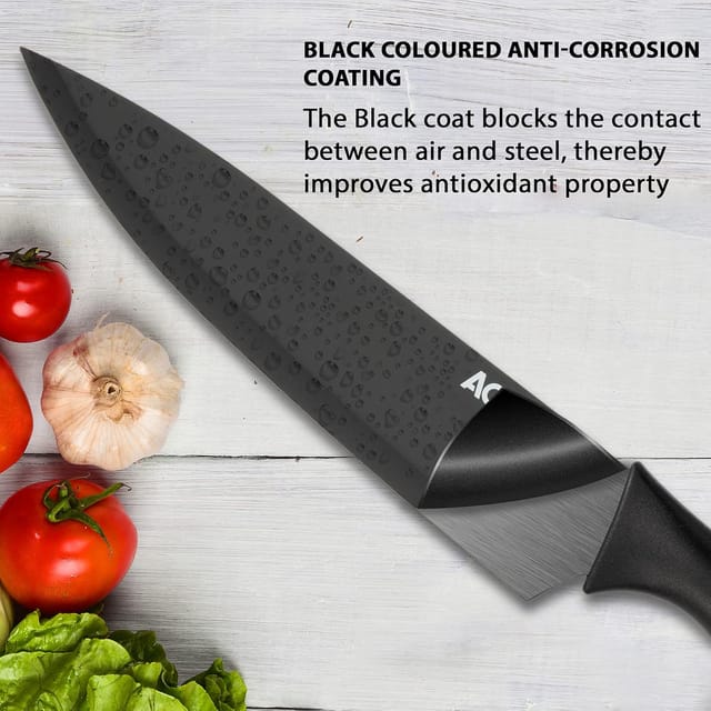 AGARO Royal 6 Pcs Kitchen Knife Set with Covers, High Carbon Stainless Steel Black Colour Coated Chef Knife I Utility Knife I Sontuku Knife I Bread Knife I Utility Knife I Paring Knife (Black)