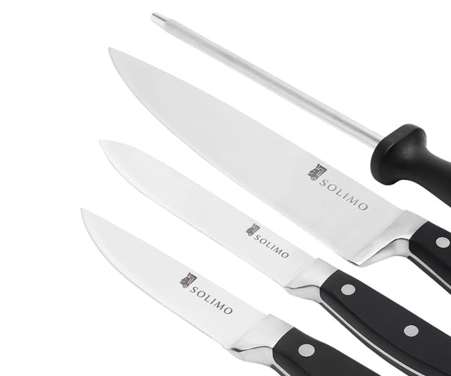 Amazon Brand - Solimo Premium High-Carbon Stainless Steel Kitchen Knife Set, 4-Pieces (with Sharpener), Silver