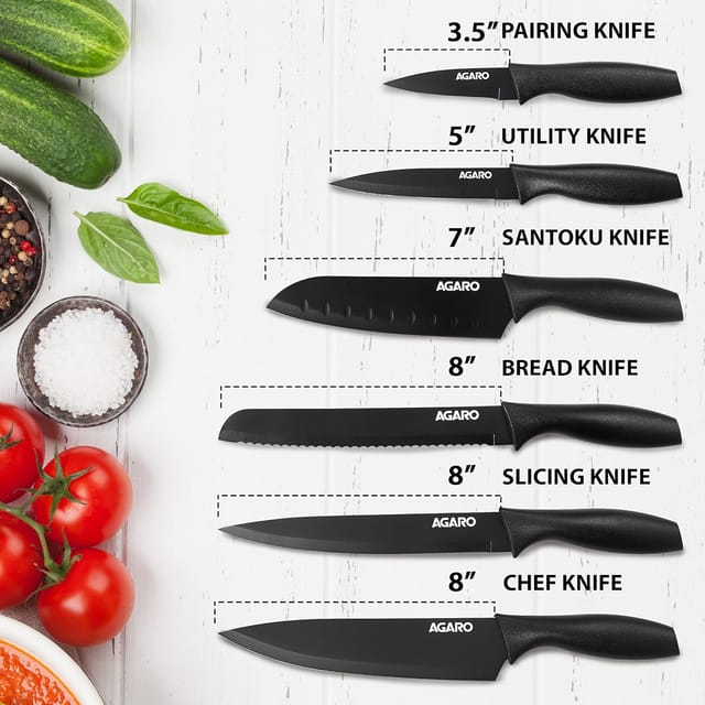 AGARO Royal 6 Pcs Kitchen Knife Set with Covers, High Carbon Stainless Steel Black Colour Coated Chef Knife I Utility Knife I Sontuku Knife I Bread Knife I Utility Knife I Paring Knife (Black)