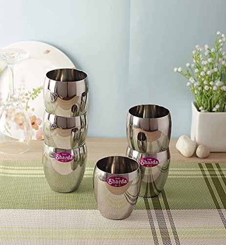 Sharda Metals Set of 6 Sleek Polished Water Juice Glass Tumblers Quality Stainless Steel ? Drinkware Dinning Table Accessories