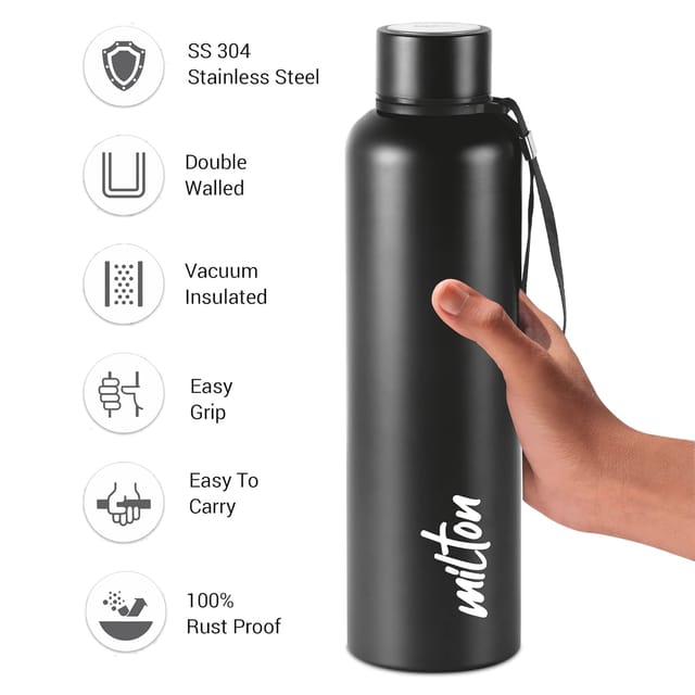 Milton Aura 1000 Thermosteel Bottle, 1.05 Litre, Black | 24 Hours Hot and Cold | Easy to Carry | Rust & Leak Proof | Tea | Coffee | Office| Gym | Home | Kitchen | Hiking | Trekking | Travel Bottle