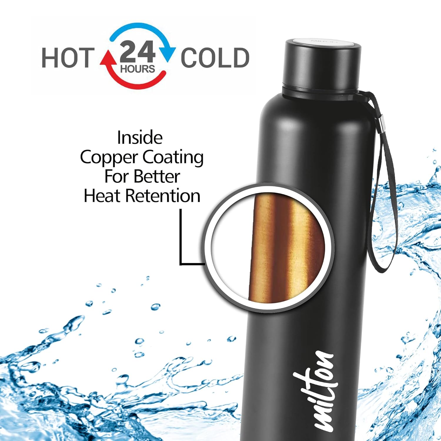 Milton Aura 1000 Thermosteel Bottle, 1.05 Litre, Black | 24 Hours Hot and Cold | Easy to Carry | Rust & Leak Proof | Tea | Coffee | Office| Gym | Home | Kitchen | Hiking | Trekking | Travel Bottle