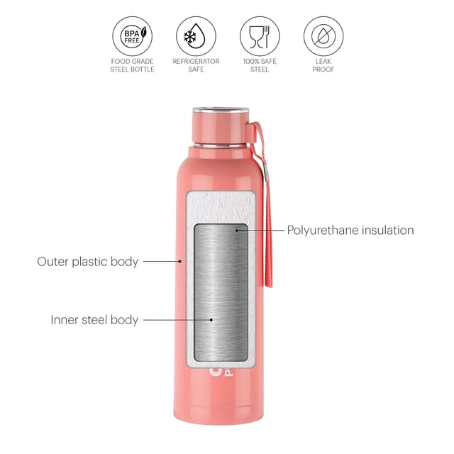 Cello Puro Steel-X Benz 900 | Leak Proof| Wide Mouth & Easy to Open | Insulated Inner Steel Outer Plastic Water Bottle | 730ml | Peach