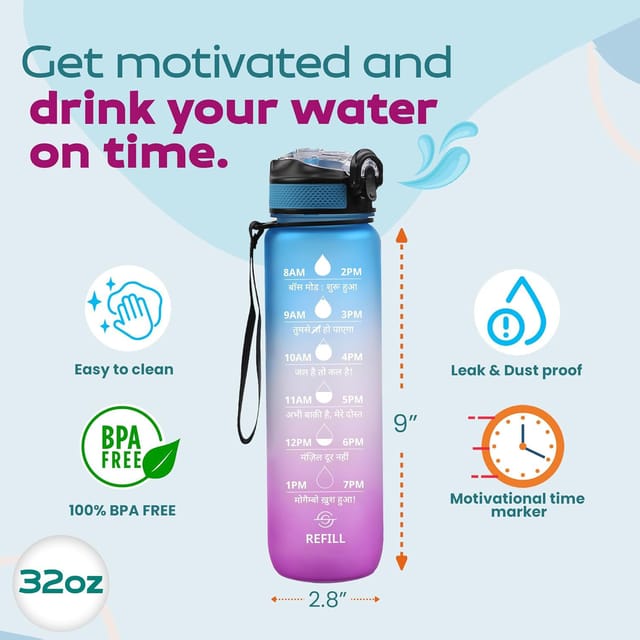 Sipper Water Bottle 1 litre Sipper Bottle For Adults With Time Measurement BPA Free Non-Toxic Water bottle for office, Water bottle for gym- (1000-ML-MULTI-COLOR)