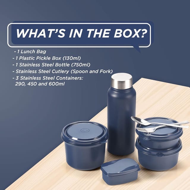 SOPL-OLIVEWARE Teso Pro Lunch Box with Steel Cutlery, 3 Microwave Safe Inside Steel Containers with BPA free Lids(290ml, 450ml & 600ml), Plastic Pickle Box(130ml), Steel Water Bottle(750ml) - Blue