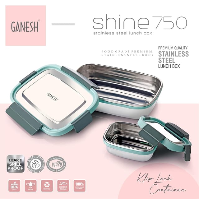 Ganesh Shine Stainless Steel Airtight Leak-Proof Lunch Box for Office, School, Picnic - Color May Vary - 750 Ml