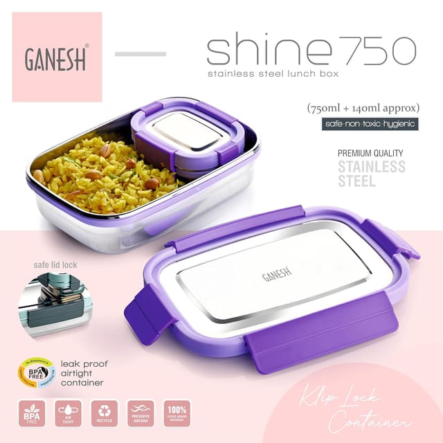 Ganesh Shine Stainless Steel Airtight Leak-Proof Lunch Box for Office, School, Picnic - Color May Vary - 750 Ml