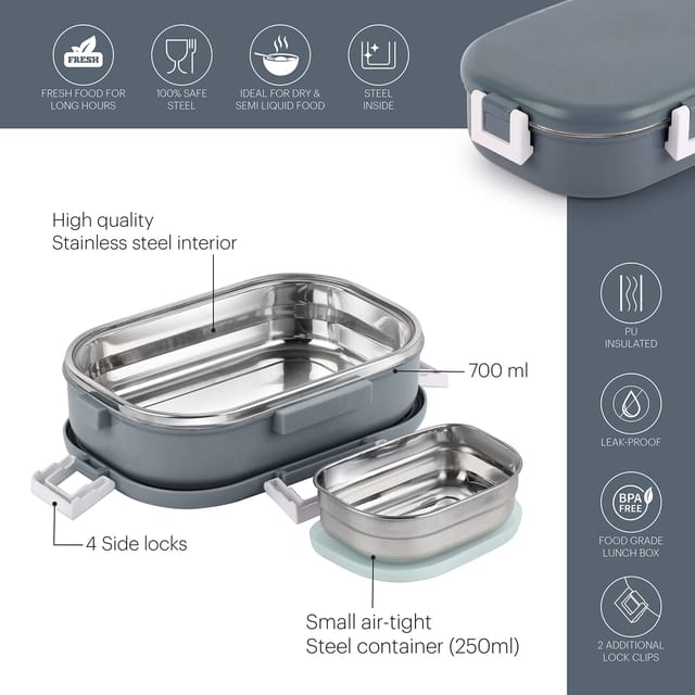 CELLO Altro Neo Lunch Box, Neo Grey 700ml, 2 Container Lunch Box for Kids | Steel Insulated Lunch Box with Veg Box | Leak-Proof Air Tight Container Tiffin Box for Kids | Ideal for School & Picnic