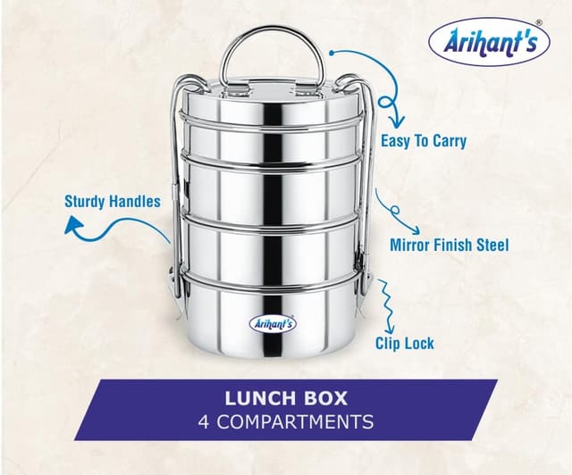 Arihant's Stainless Steel Traditional Four Compartment Tiffin Box with Lid 4 Containers Lunch Box Stainless Steel Four Compartment Tiffin Box with Lid, Silver (1500 ml)