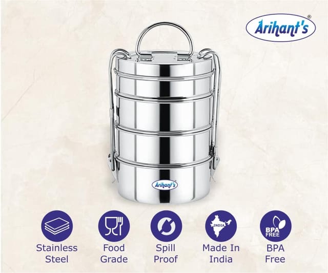 Arihant's Stainless Steel Traditional Four Compartment Tiffin Box with Lid 4 Containers Lunch Box Stainless Steel Four Compartment Tiffin Box with Lid, Silver (1500 ml)