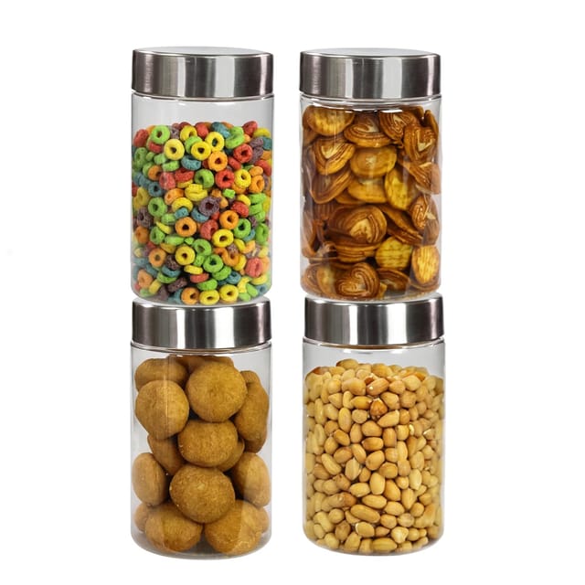 PEARLPET Plus Range Plastic Storage Jars & Containers For Kitchen |Stackable |Air Tight| Steel Cap Jar Set Of 4 Food Grade Boxes For Kitchen storage | Bpa-Free |4 pieces of 1000 Ml,Transparent