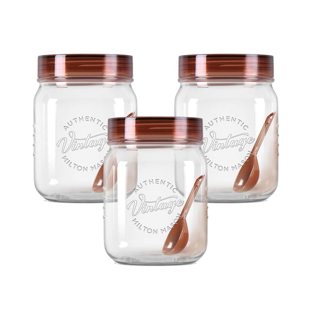 MILTON Vintage Airtight Containers with Spoons for Kitchen Storage, Food Grade Plastic, Stackable & Transparent Organizer Jars, Masala Dabba, Set of 3 (500 ml each) for Tea, Coffee, Sugar, Dry Fruits