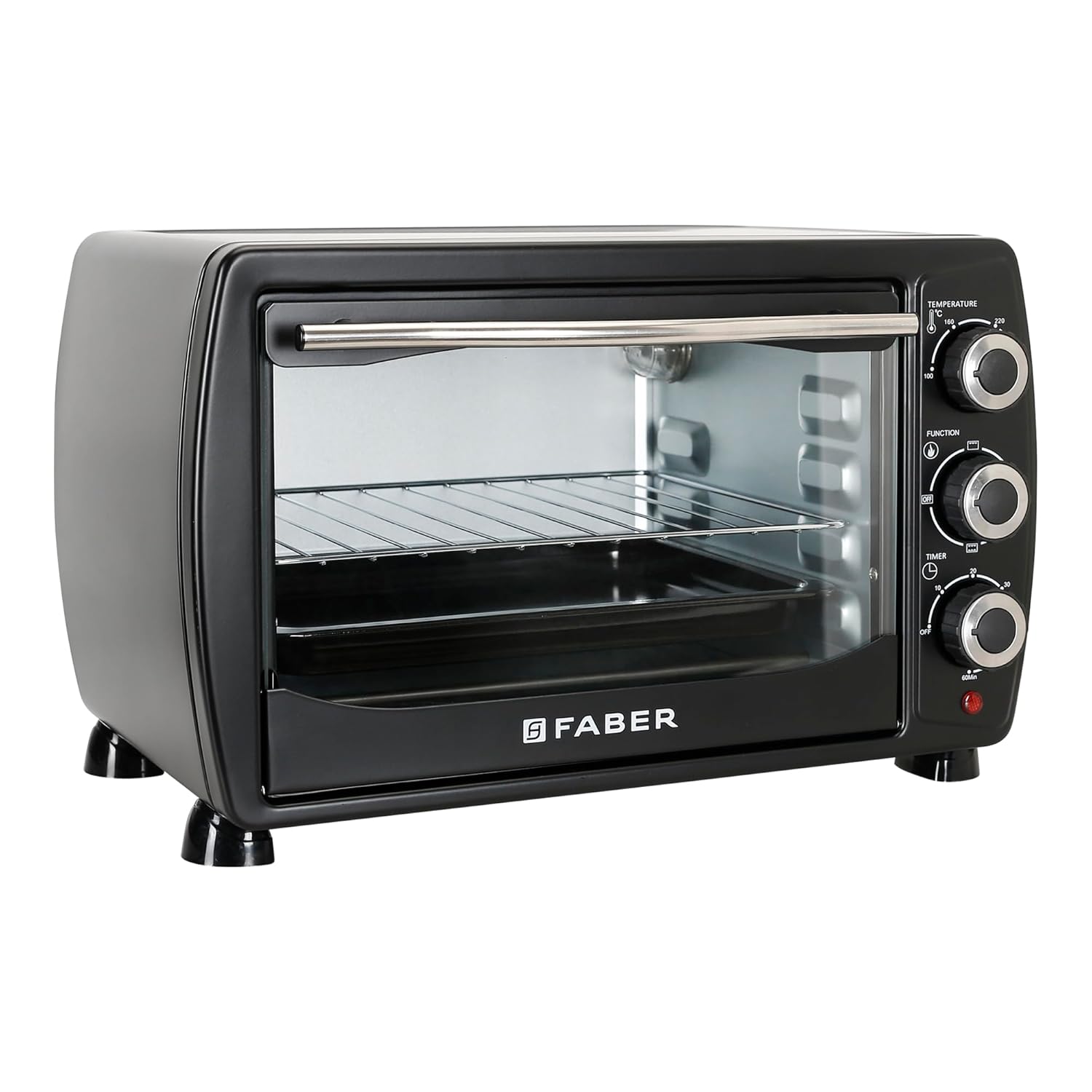 Faber 20 liter 1400 Watts OTG|Bake, Toast, Grill|4 Stage Functions, Upper & Lower Heating|Cool-Touch Handle, Heat Resistant Glass, Indicator Light, Auto-Shut, Ready Bell|Removable Crumb Tray|(Black)