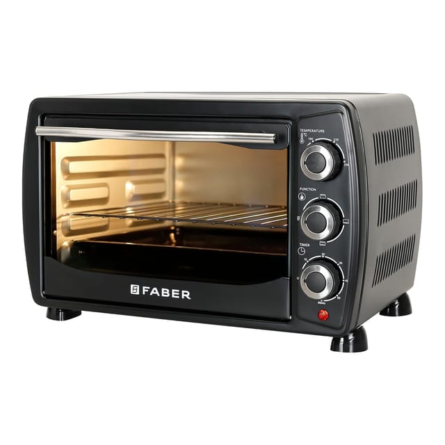 Faber 20 liter 1400 Watts OTG|Bake, Toast, Grill|4 Stage Functions, Upper & Lower Heating|Cool-Touch Handle, Heat Resistant Glass, Indicator Light, Auto-Shut, Ready Bell|Removable Crumb Tray|(Black)