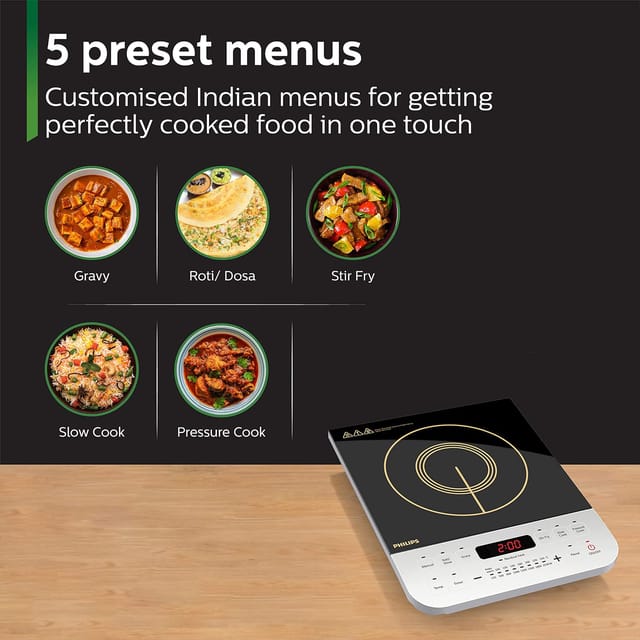 Philips Viva Collection HD4928/01 2100-Watt Induction Cooktop, Soft Touch Button with Crystal Glass (Black)