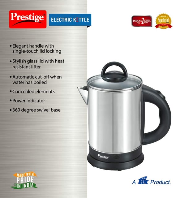 Prestige 1.7 Litres Electric Kettle(PKGSS 1.7)|1500W |Silver and Black | 1.7 Litres | Stainless Steel| Automatic Cut-off | Wide Mouth | Power Indicator | Single-Touch Lid Locking