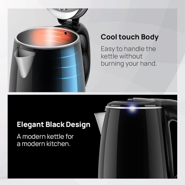 Wipro Elato 1.8 Litre Cool Touch Electric Kettle With Auto Cut Off|Double Layer Outer Body|Triple Protection-Dry Boil,Steam&Over Heat|Stainless Steel Inner Body|(Black,1500 Watt)1.8 Liter,1500 Watt