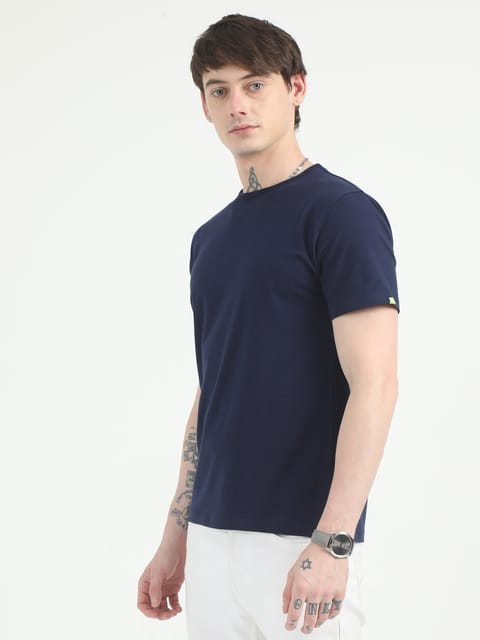 Caslay Organic - Navy Blue Crew Neck Solid T-Shirt