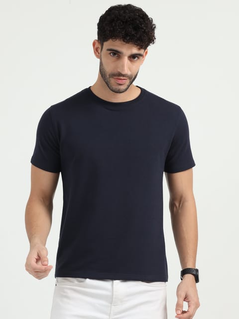 Caslay Sustainable - Navy Blue Crew Neck Solid T-Shirt