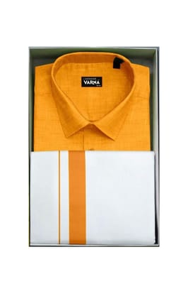 Uathayam Varna Kids Matching Border Dhoti & Shirt Set Half Sleeves Mango Yellow-VA11013