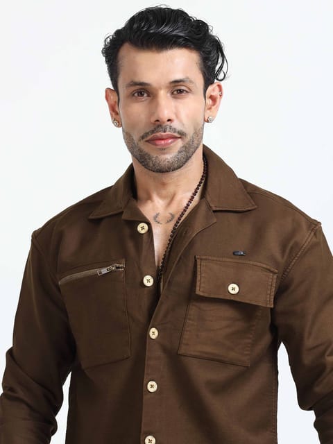 Layer Luxe Relaxed Shacket In Brown