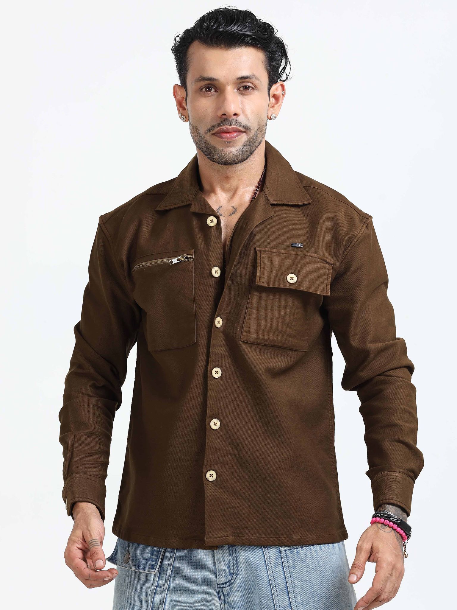 Layer Luxe Relaxed Shacket In Brown