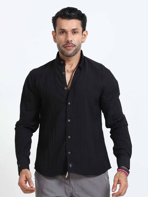 Premium Crushed Mandarin Shirt In Black