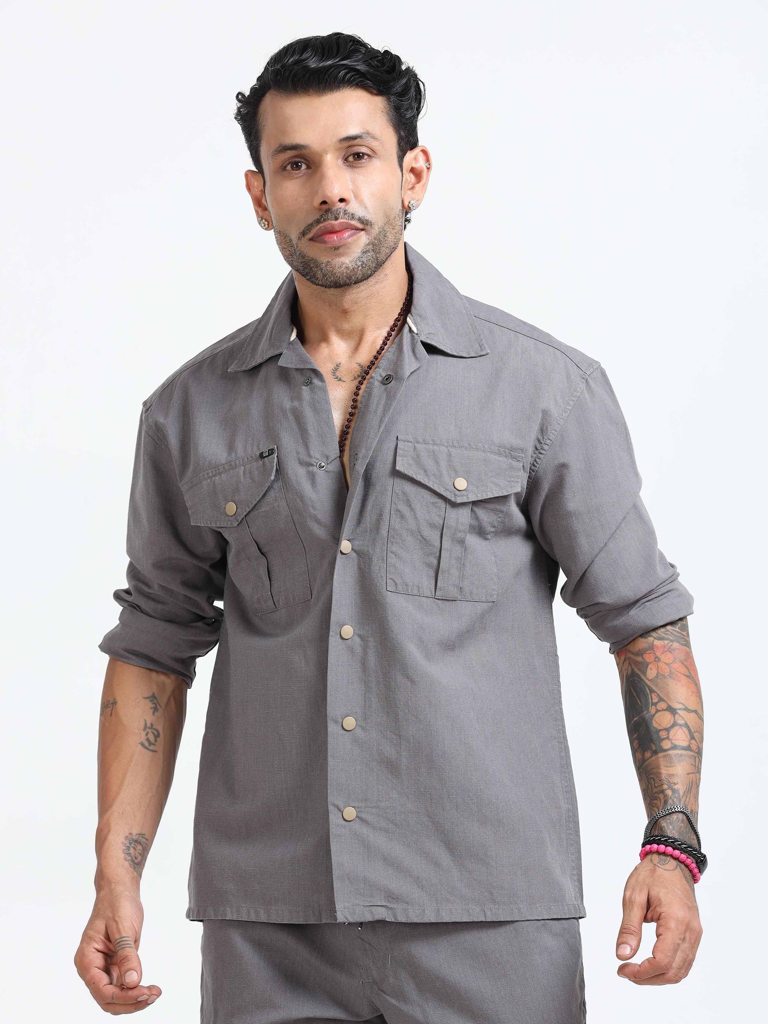 Style Shield Relaxed Linen Shacket In Grey