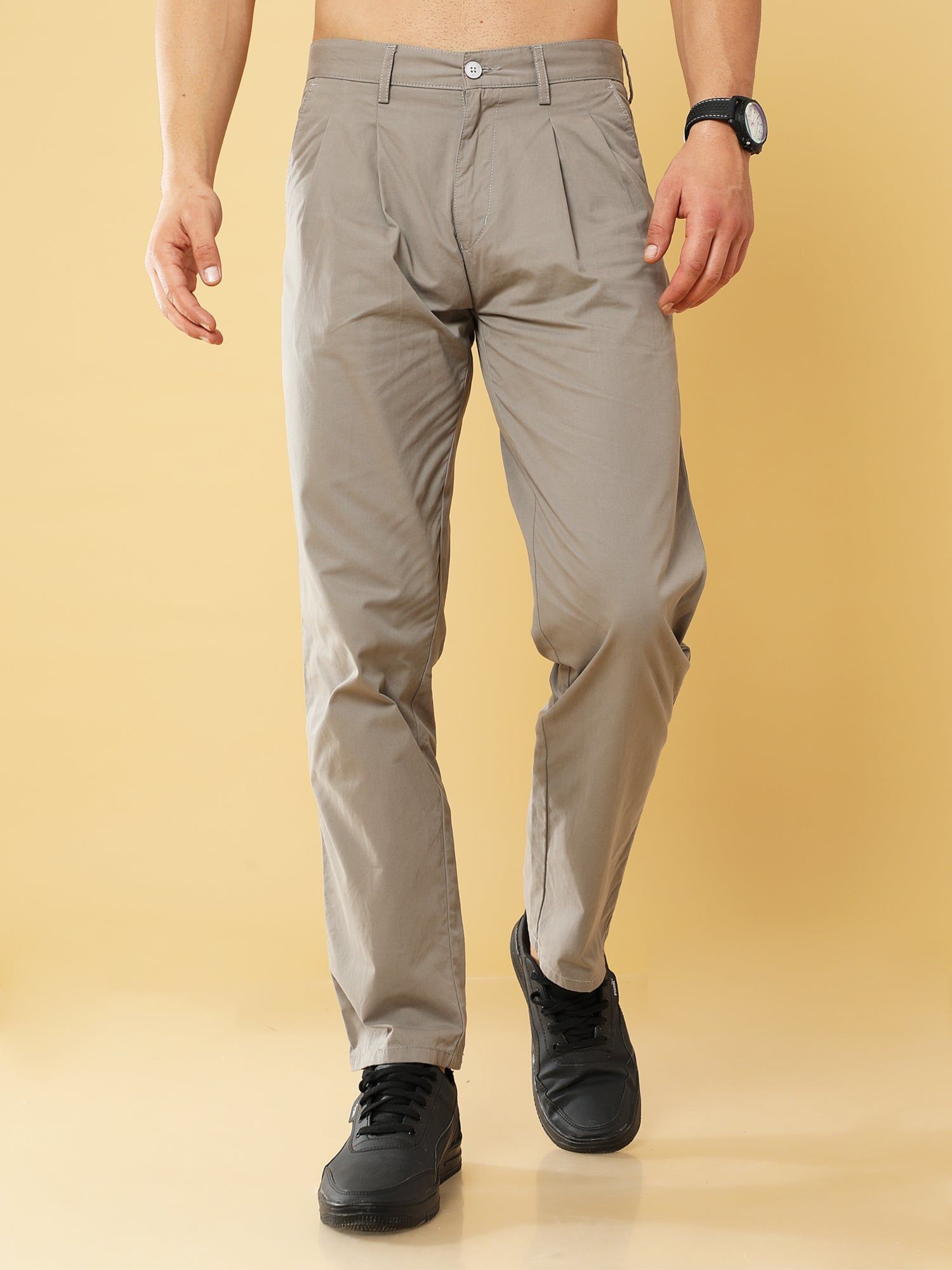 Pleated Light Grey Cotton Chino