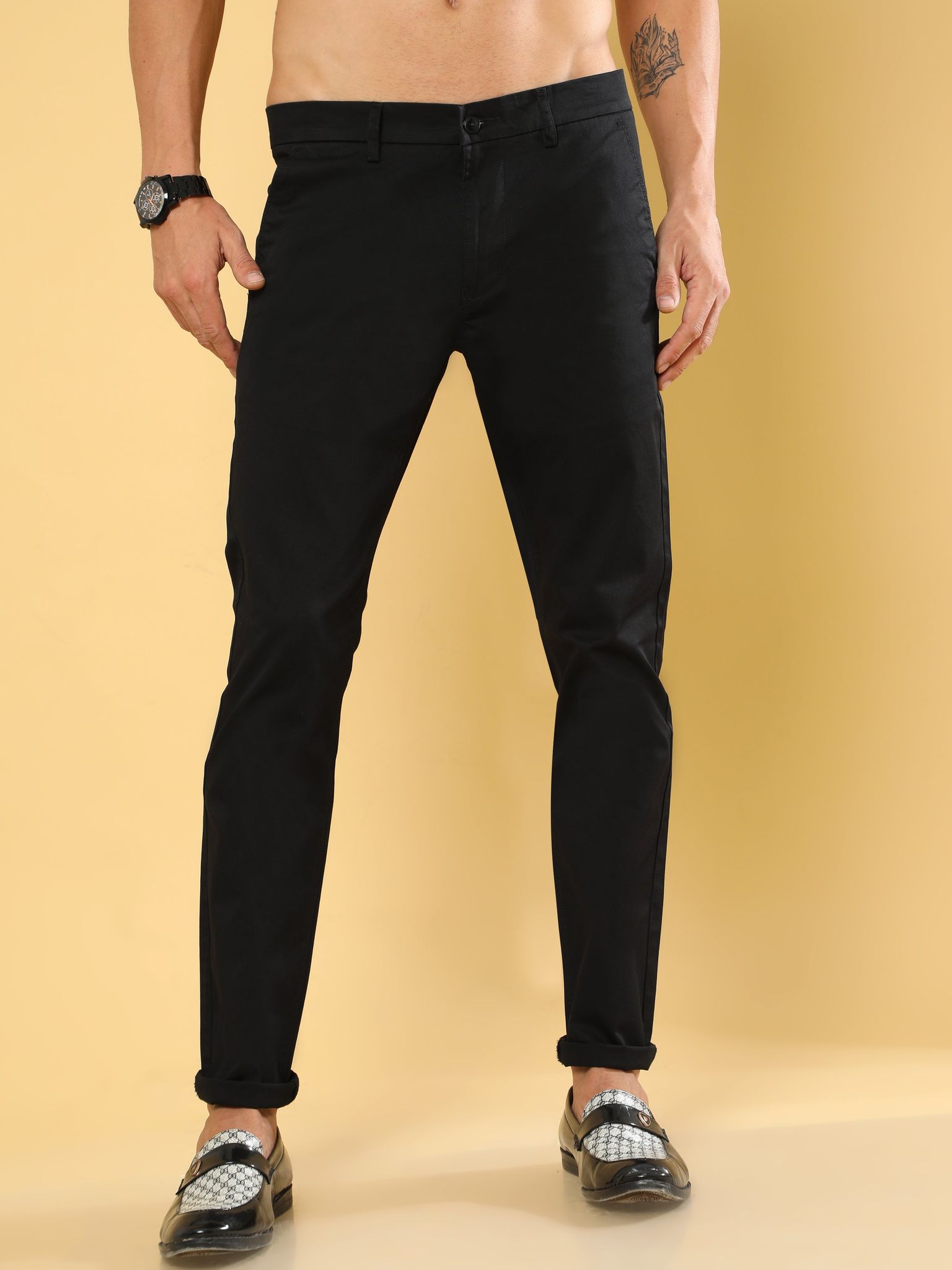 Cotton Dobby Black Lycra Chino